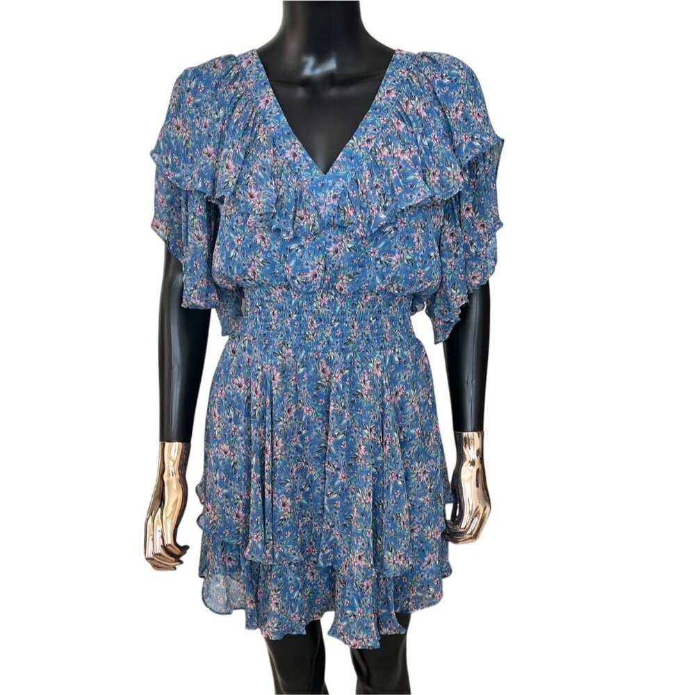 Gilner Farrar Blue Floral Smocked Mini Dress Tiered Ruffle Flutter Sleeve Large - Picture 2 of 8
